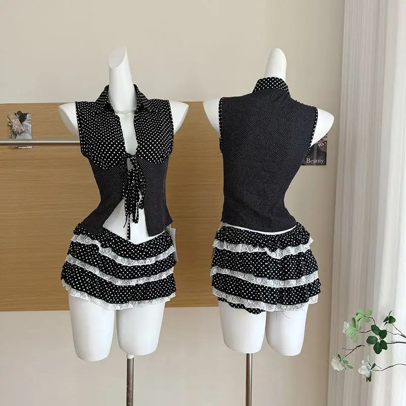 

Summer Sexy Vintage Elegant 2 Piece Set Women Y2k Polka Dot Design Tops + Retro Mini Cake Skirt Female Korea Style Chic Outfits