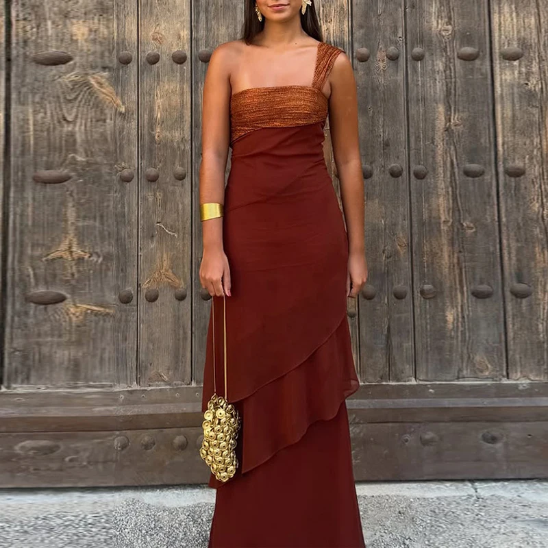 Elegant Solid Holiday Long Dresses Irregular Camisole Slim Cocktail Dress Ladies Fashion Patchwork Off Shoulder Bridesmaid Dress