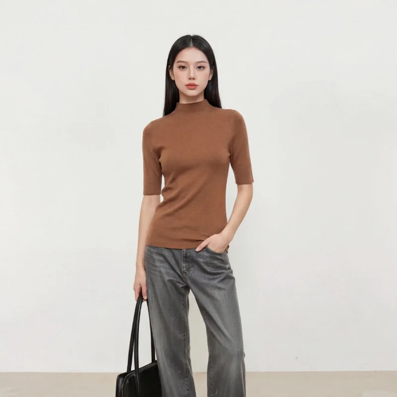 Birdtree, 100% Sheep Wool Solid Blouse, Mock Neck Short Sleeve Knitted Top, Women's Elegant Soft Shirt, 2026 Autumn New T67607JF