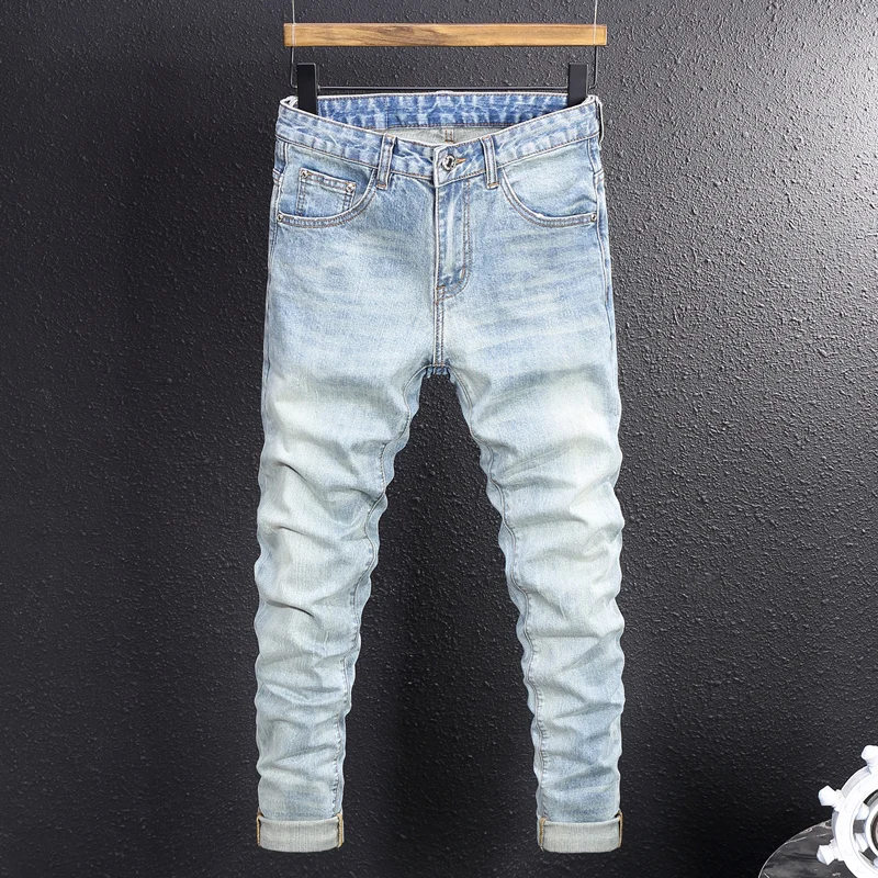 Italian designer's new fashionable embroidered jeans stretch slim retro light blue men's jeans hombre