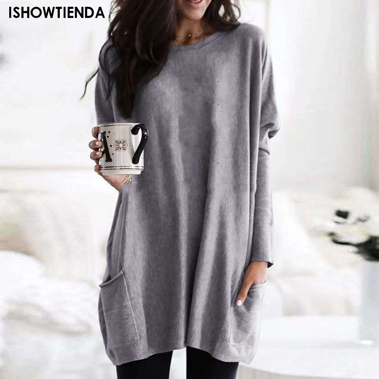 2023 Women Autumn Fashion Tunic Top Pocket Solid Color Loose Round Neck Long-sleeved T-shirt Streetwear Casual Vintage Pullovers