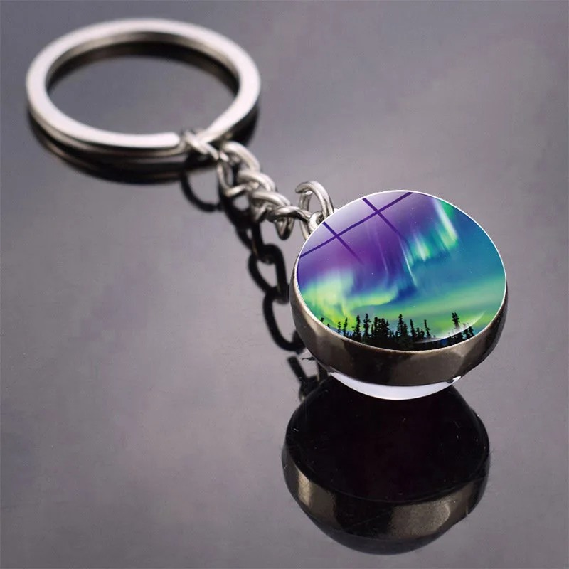 Northern Lights Keychain Fashion Luminous Aurora Double-Sided Glass Ball Car Handbag Pendant Keychain Astronomy Lover Gift