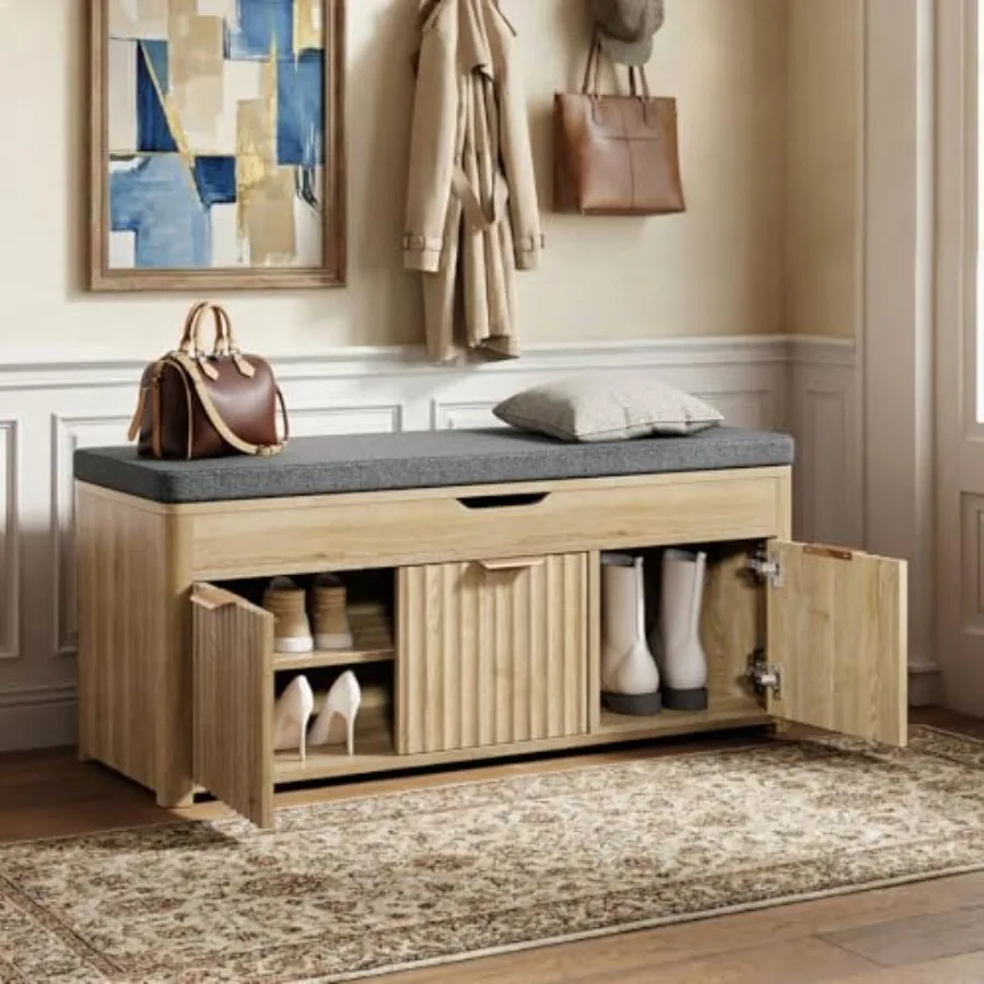 

Скамейка для обуви с отсеком для хранения - Скамейка для прихожей с подъемной крышкой, скрытым отсеком для хранения, полками для обуви и регулируемыми полками, с мягким сиденьем, дерево
