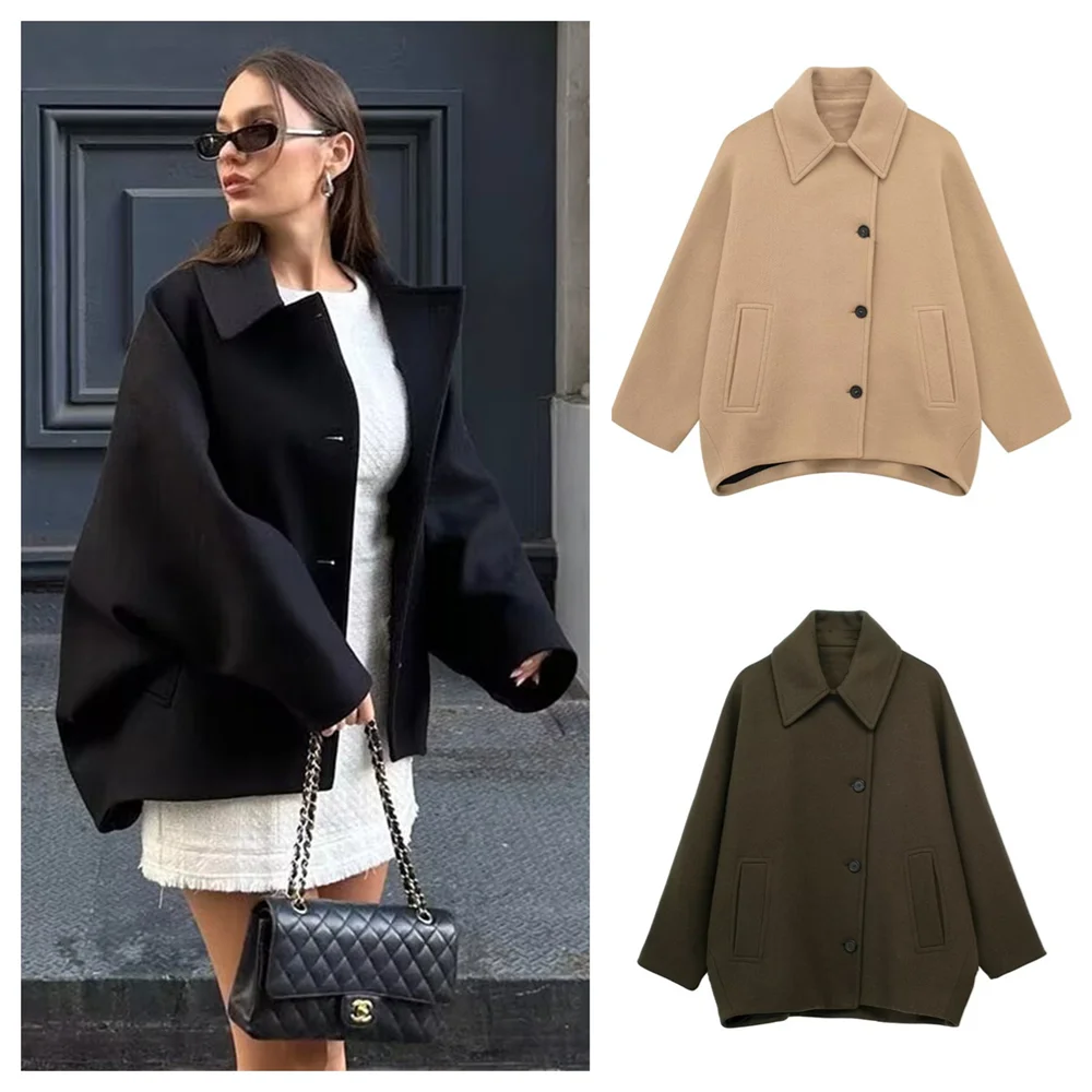 PB&ZA2024 Autumn New Women\'s Clothing Style Simple Bat Sleeve Short Coat with Collar  Loose Slant Front  Woolen Coat