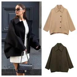 PB&ZA2024 Autumn New Women's Clothing Style Simple Bat Sleeve Short Coat with Collar  Loose Slant Front  Woolen Coat