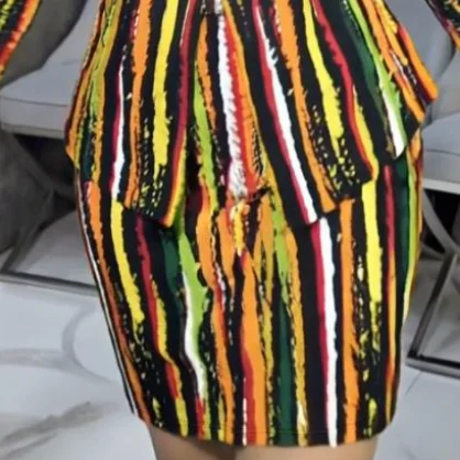 

Women Skirts Sets 2 Piece Outfits Temperament Multi-Color Striped Bell Sleeve Zip Up Slit Cinched Waist Top & Bodycon Skirt Set