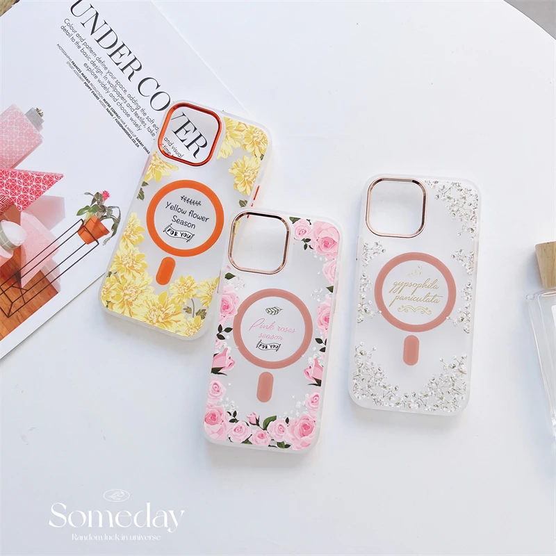Original Magsafe Animation Magnetic Wireless Charging With Flower Painting Shockproof Case for iPhone 13 12 Pro Max Clear Cover