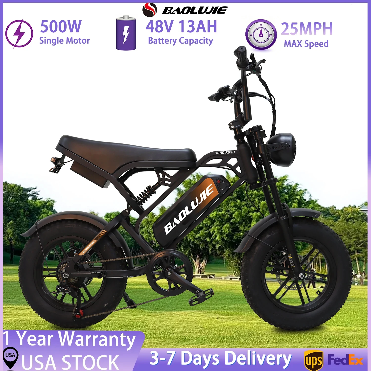 

BAOLUJIE F2 Electric Bicycle,500W Motor,48V 13AH Battery 16"*4" Tires E-bike Mountain Snow Electric Bike UL2849【1 Year Warranty】