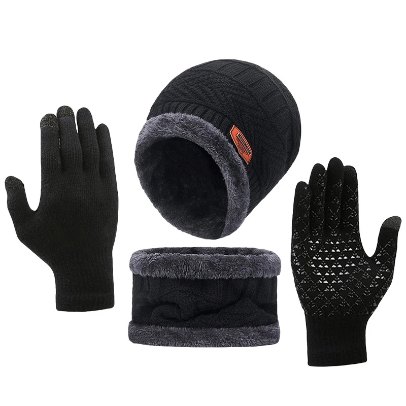 Ensemble écharpe et gants en velours chaud pour hommes et femmes, bonnet en tricot, écharpe de cou sourire, lieux doux, extérieur, hiver, 3 pièces par ensemble