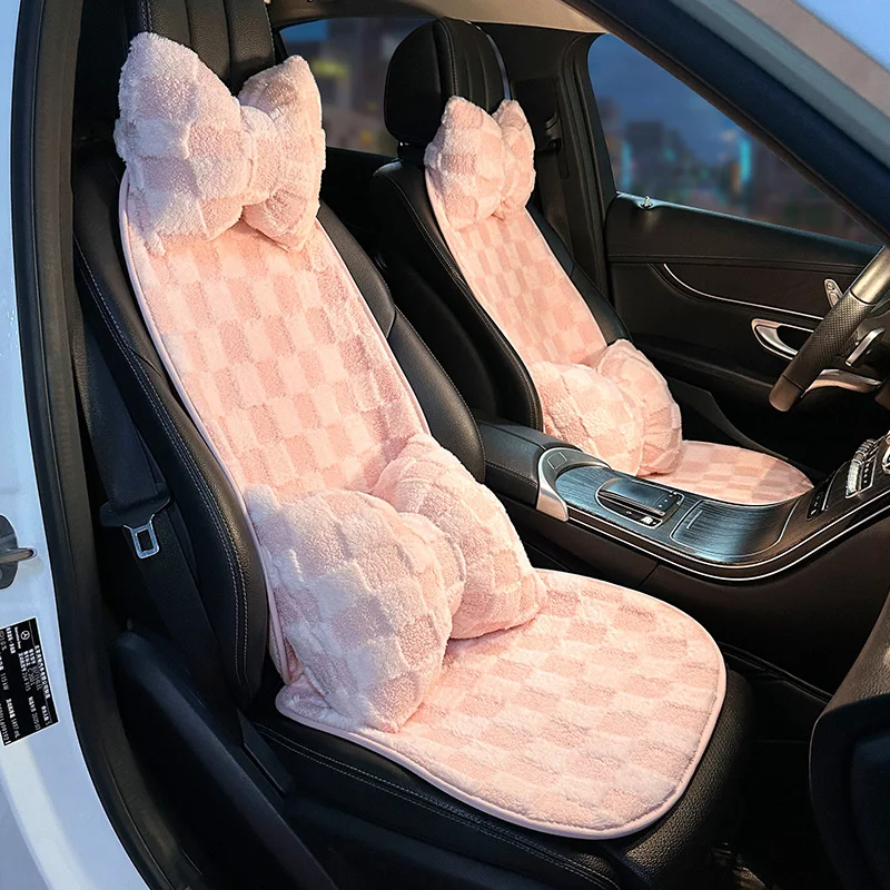 New  Pink Lattice Winter Plush Winter Three Seasons Universal Creative Rear Backrest Car Seat Cushion Car Interior Ornament