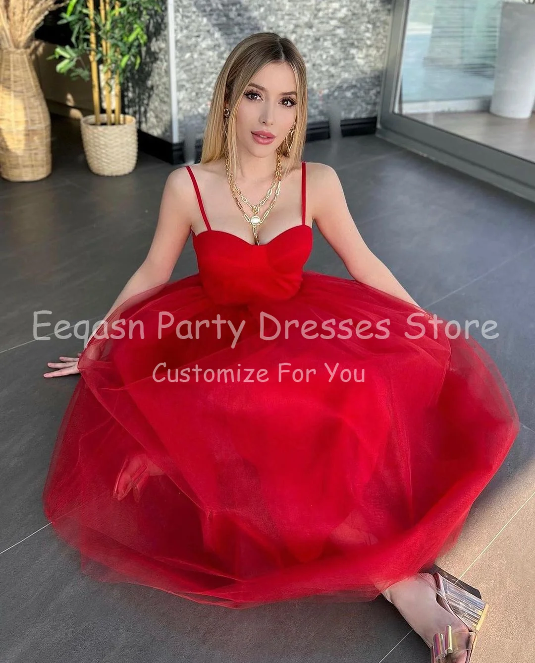 Simple Soft Tulle Midi Prom Party Dresses Customized A Line Spaghetti Strap Short Homecoming Gowns Formal Wedding Party Dress