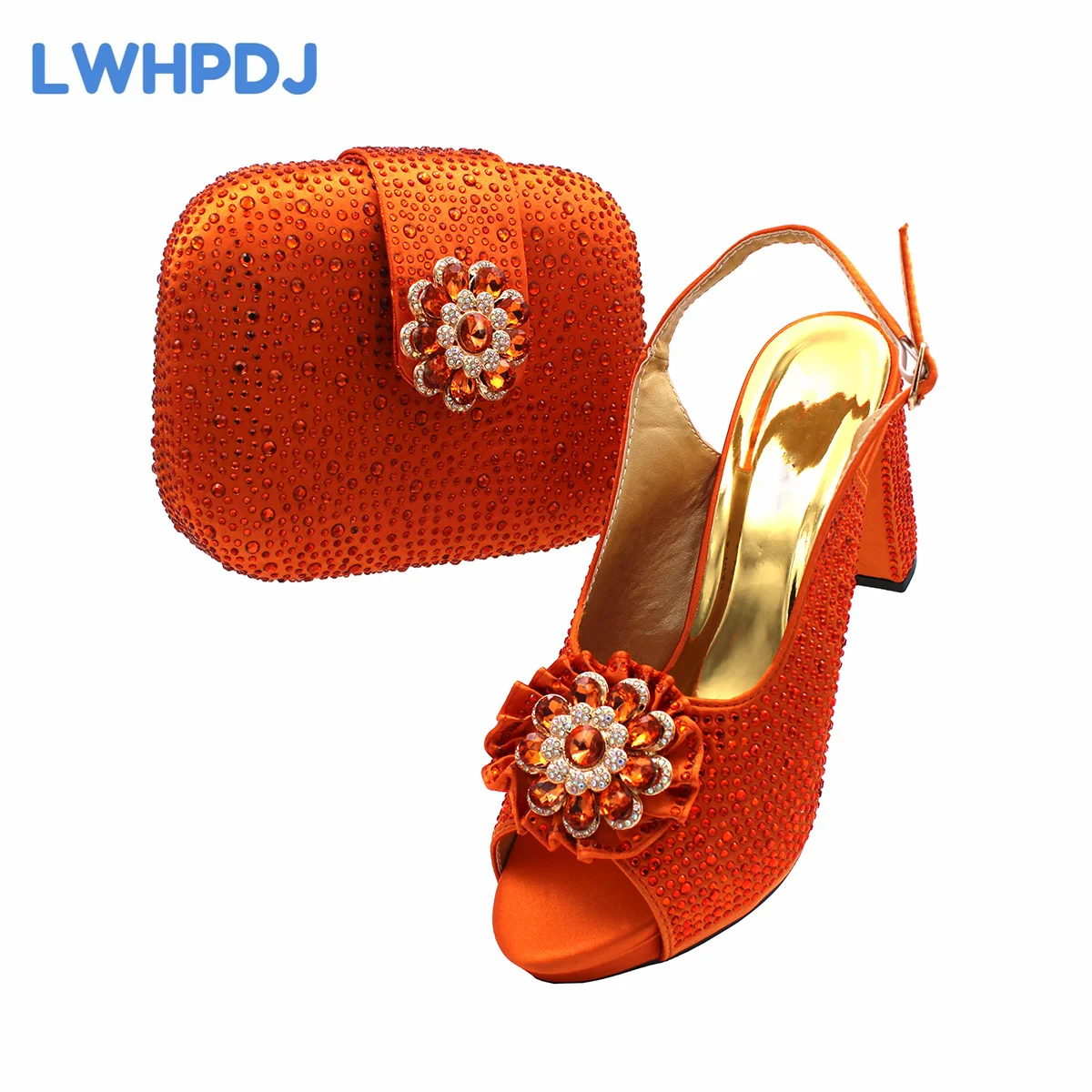 2024 High Quality Peep Toe Slingback Decorated with Flower Design Shoes Matching Bag Set in Orange Color For Ladies Party