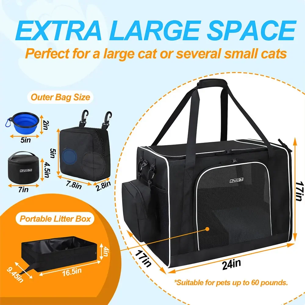 Large Cat Carrier with Litter Box and Cat Dog Bowl Pet Carrier Handbag for 2 Cats or Medium Dog Soft Dog Carrier Bag for Travel