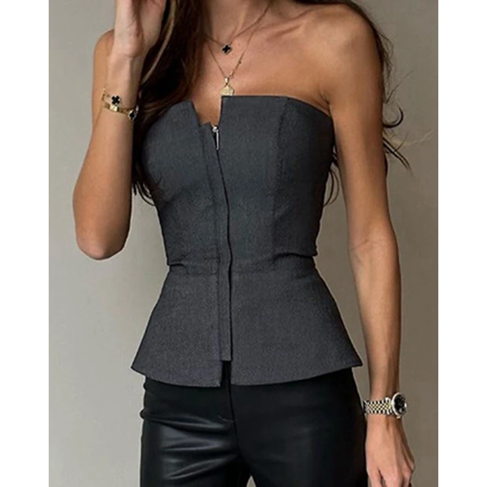 Women Zipper Design Tunic Bandeau Top Fashion Casual Summer Sexy Lady Streetwear Sleeveless T-Shirts Strapless Blouse