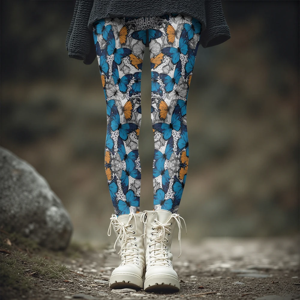 فراشة طباعة طماق النساء الشتاء سميكة الحرارية البوهيمي Harajuku الشارع موضة مثير السراويل الضيقة الملونة التصميم الفني #1