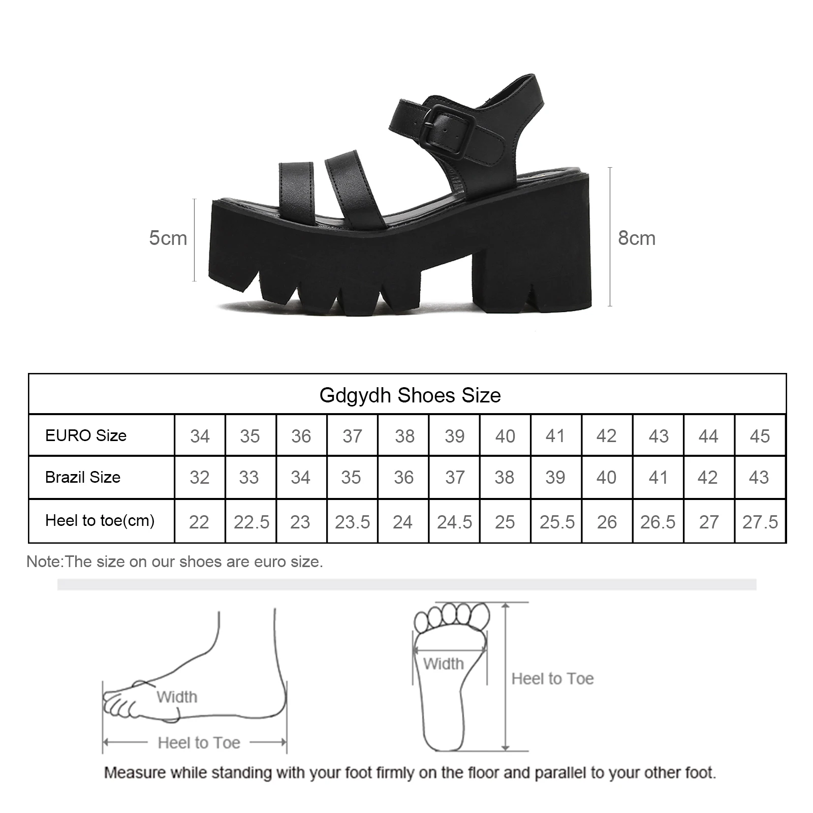 Gdgydh Women\'s Black Platform Sandals Comfy Open Toe Chunky Heel Buckle Strap Shoes Fashion Casual Solid Color School Shoes