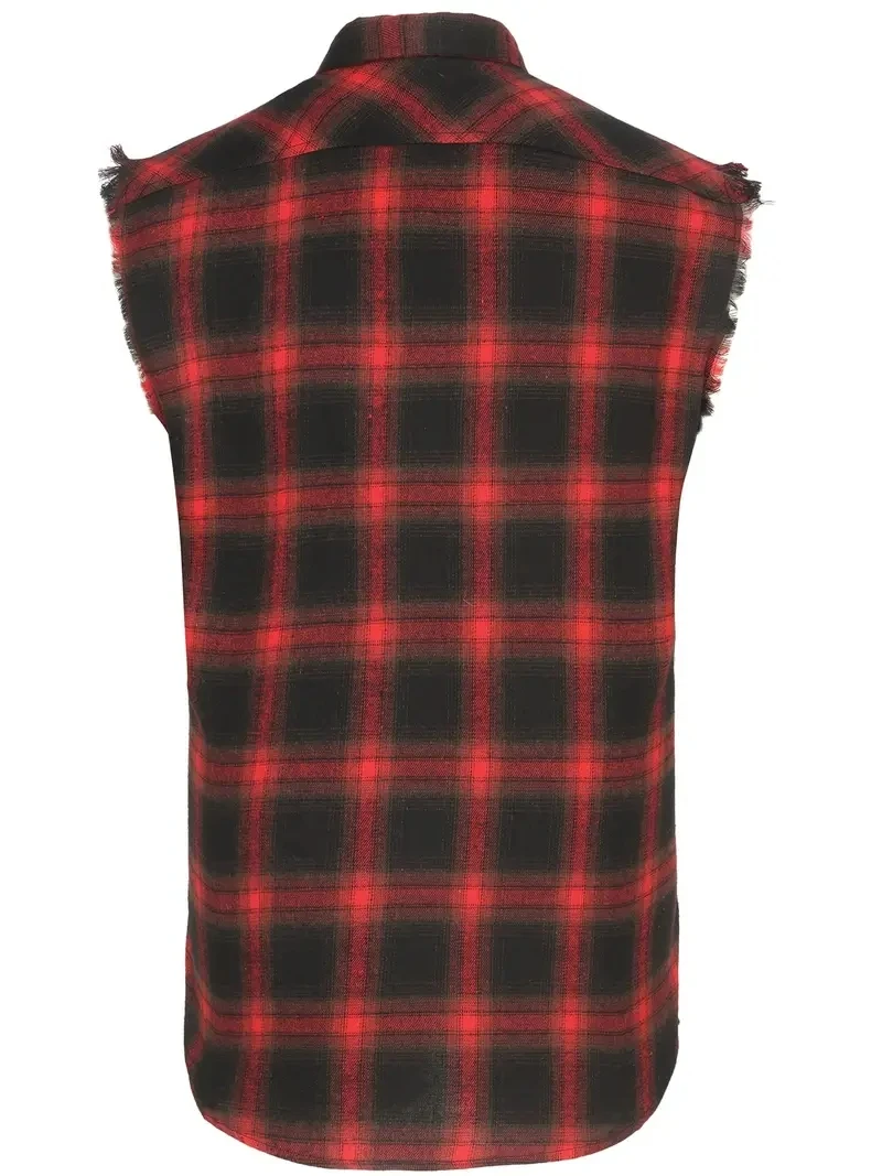 Cotton Men's Red & Black Plaid Sleeveless Oversized Shirt Loose Buttoned Raw Edge Cuffs Casual Summer Beach to Street Style Tops