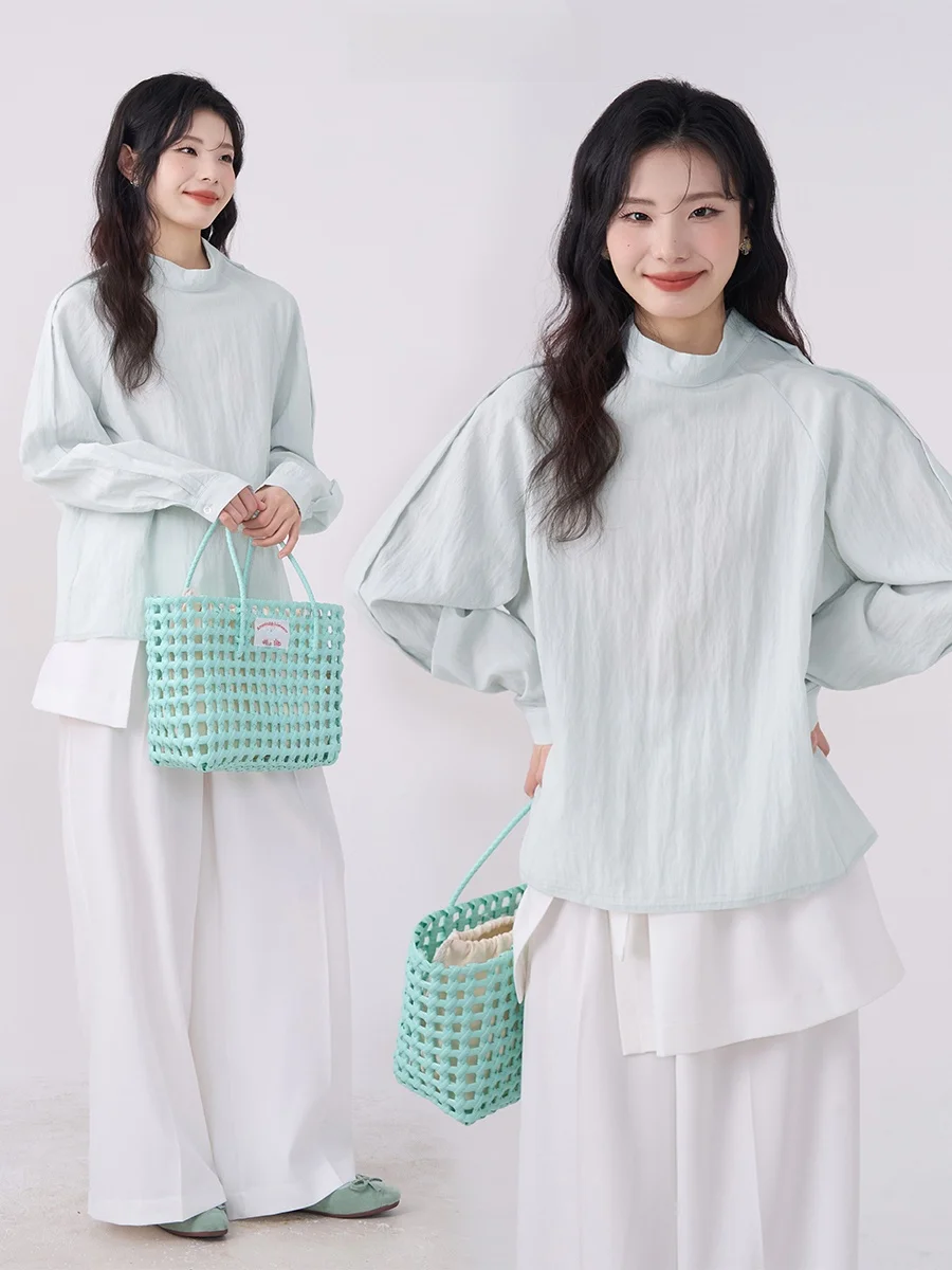 

Korean Sle Women's irt round Ne oulder-Length Sve Loose Fit Cotton Blend irt Versatile Spring Faion Top