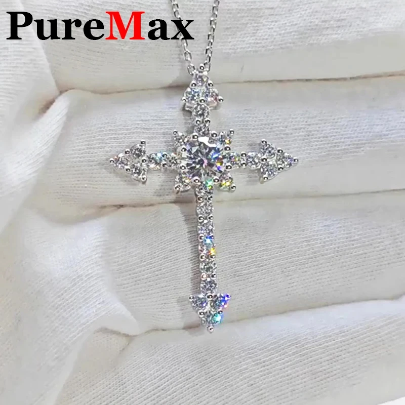 PureMax 100% 925 Silver Cross Necklace for Women 1CT VVS Lab Moissanite Diamond Cross Pendant Necklace Birthday Gift Jewelry