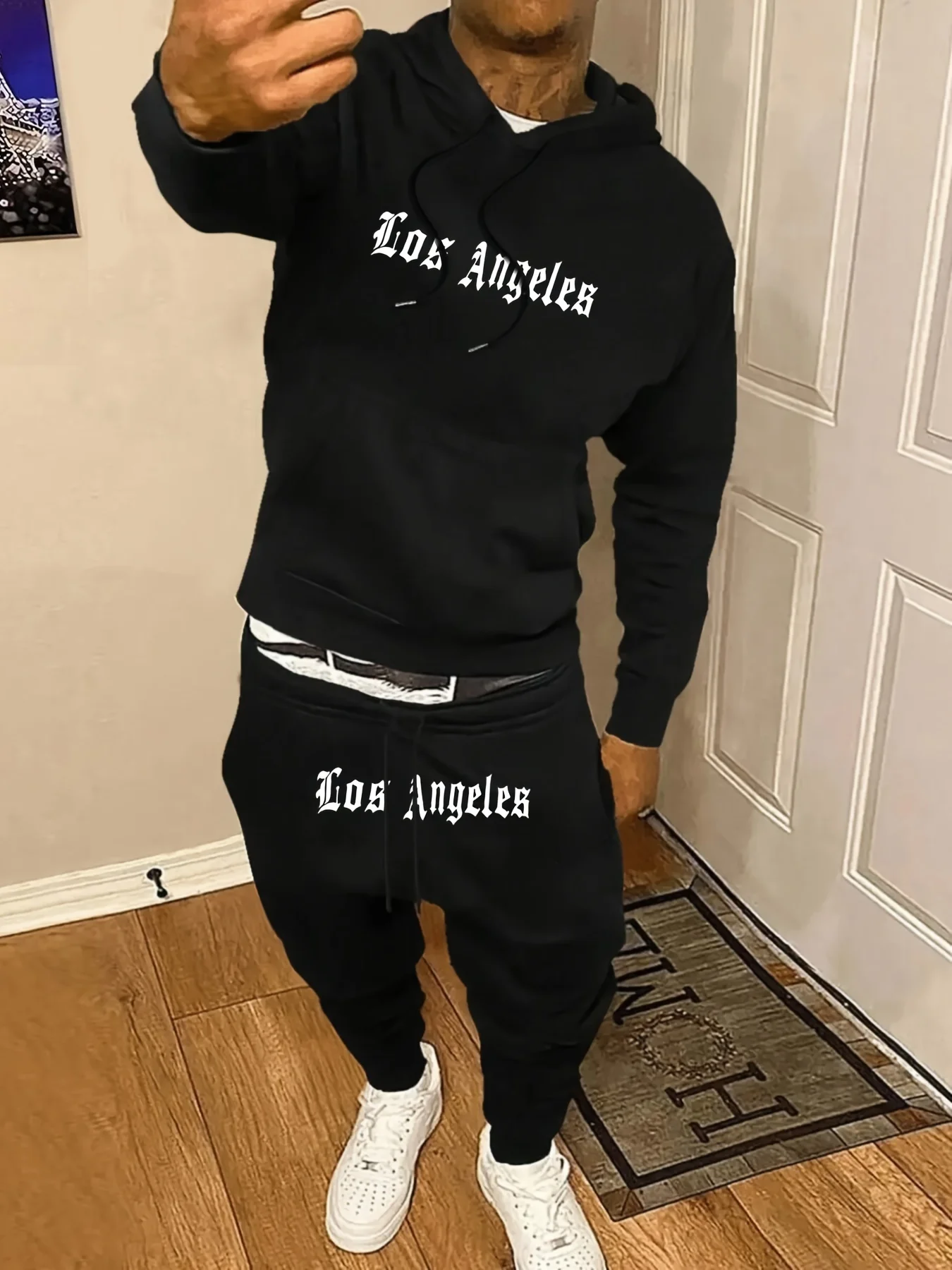 Winter and autumn men's warm hooded sweatshirt set with letter prints for casual roller skating hip-hop streetwear clothing