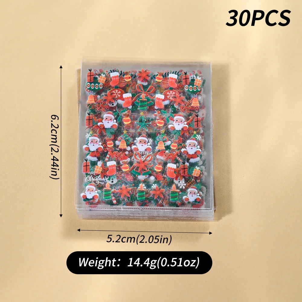 สติกเกอร์ติดเล็บลายคริสต์มาส 30 ชิ้น/ชุด ลายซานตาคลอส/กวางเรนเดียร์/เกล็ดหิมะ การ์ตูนน่ารัก สติกเกอร์คริสต์มาสแบบติดเอง ลายสไลเดอร์น่ารักสำหรับเทศกาลคริสต์มาส