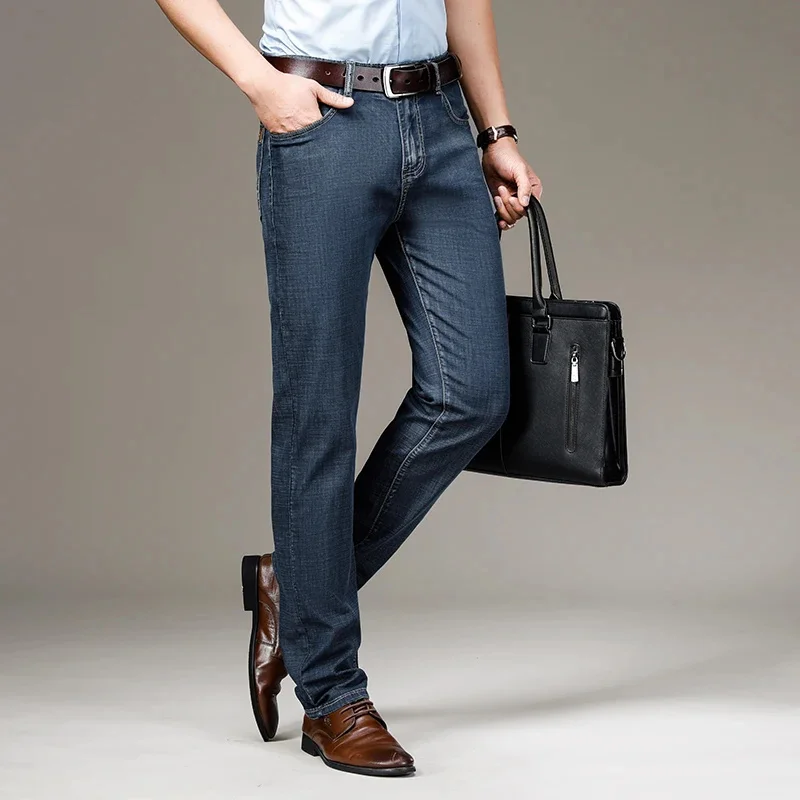 Stil klassischen Modal Stoff Herren dünne blau-graue Jeans Frühling und Sommer neue Business-Mode gerade Jeans hose männliche Marke