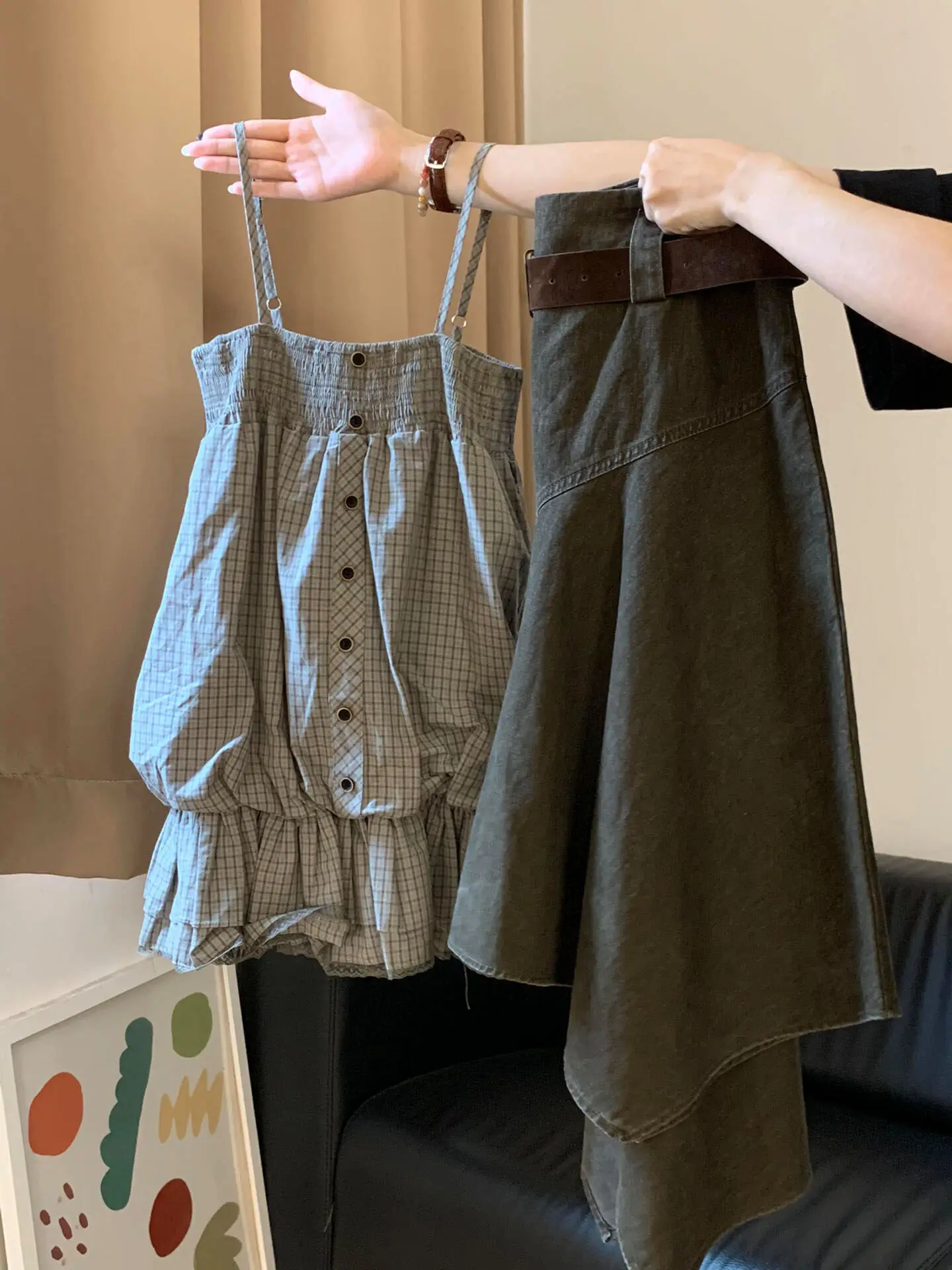 

Korean Plaid Halter Top And A-Line Skirt Two-Piece Set Women Summer Sweet Cool Style Fashionable Ensemble High Waist Sho...