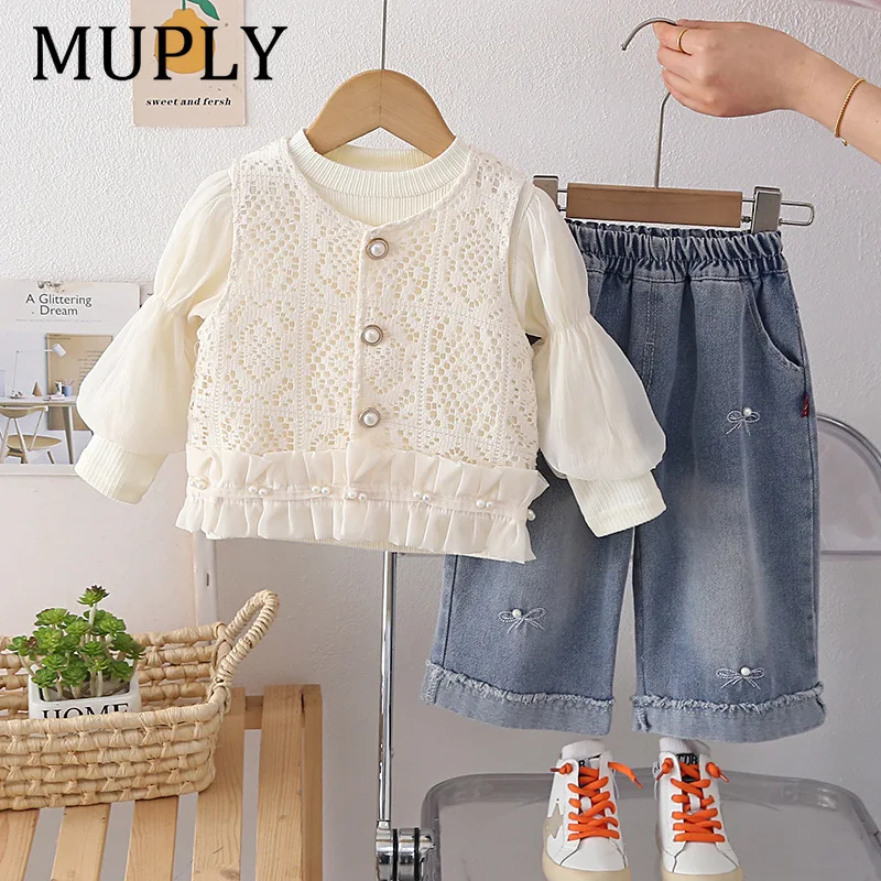 Girls Floral Shirt Knitted Vest Pink Casual Pants Three Piece Set Korean Style Spring Long Sleeve Cotton Soft Fabric