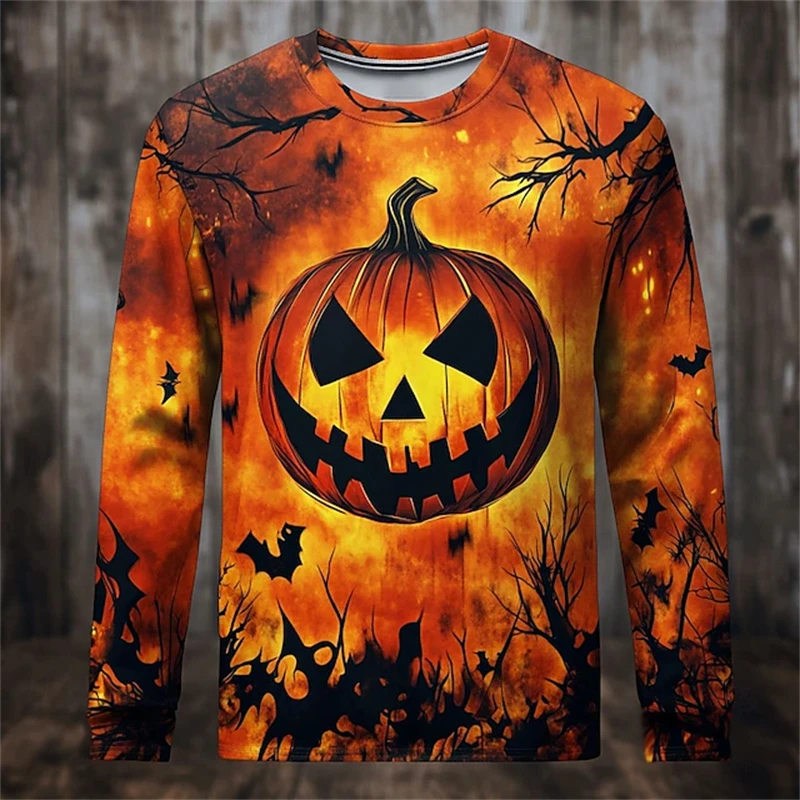 

Мужская футболка с длинным рукавом, дизайн с принтом злой тыквы, модная мужская футболка с круглым вырезом и длинным рукавом на Хэллоуин, модный предмет для мужчин