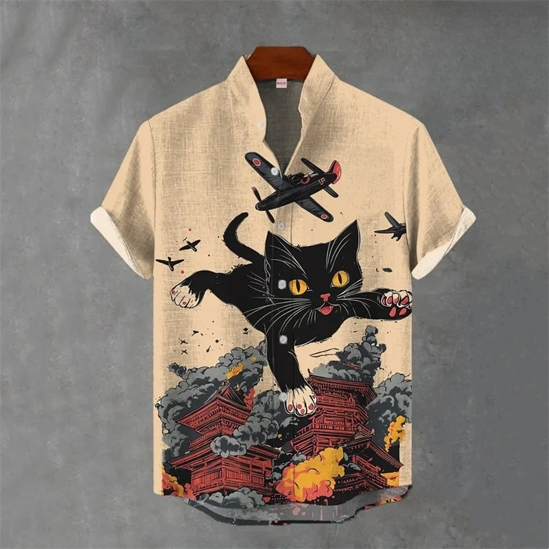 

Мужская рубашка с японским рисунком животных, летние повседневные топы с короткими рукавами, рубашки с гавайским тигром, мужская футболка большого размера с лацканами и пуговицами
