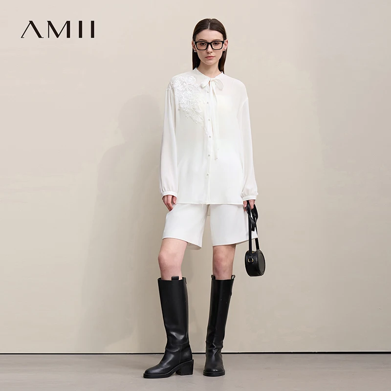 

Женская блузка Amii 2026: Новинка Весны, Элегантная Вышитая Шифоновая Рубашка с Рукавами-Фонариками, Воротником-Бантом, Свободный Крой, Модель 12641082