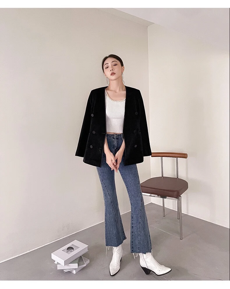 Traje de terciopelo Ele Swan Conjunto de Jaet y orts para mujer V-Ne Ajuste a medida Botón largo Sve Detalle de viaje Sle Otoño Col...