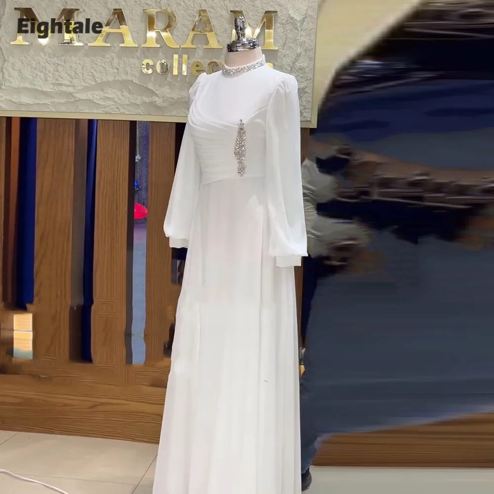 

Eightale арабские свадебные платья по индивидуальному заказу с высоким воротом и бисером трапециевидной формы с длинными рукавами цвета слоновой кости шифоновое пляжное свадебное платье Vestidos De Novia