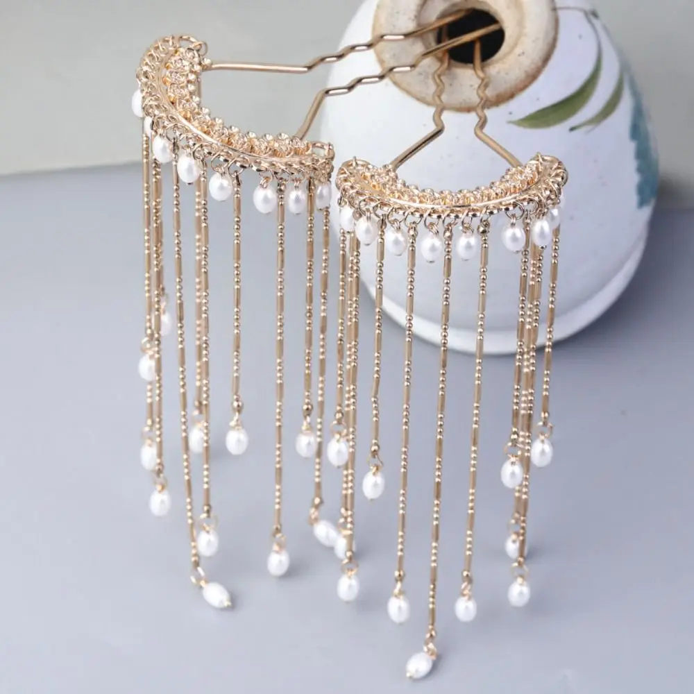 Cute Tassels U-shaped Hair Clip Pearl Antique Style Chinese Style Hair Stick Hanfu Headwear Grab Clip Flower Hairpin Daily