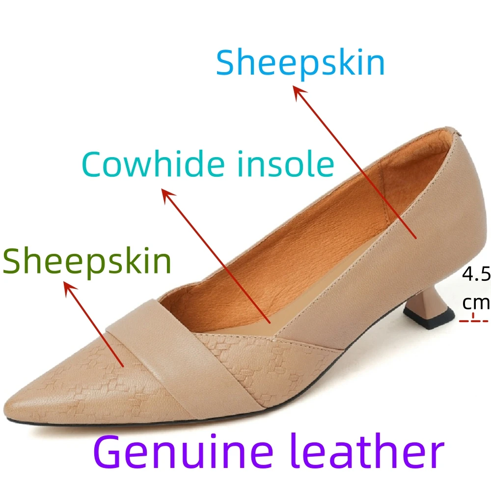 【JOCHEBED HU】Brand Genuine Leather Women's Shoes Thin Heel Single Shoes Spring and Autumn Pointed Temperament Shallow Mouth Work