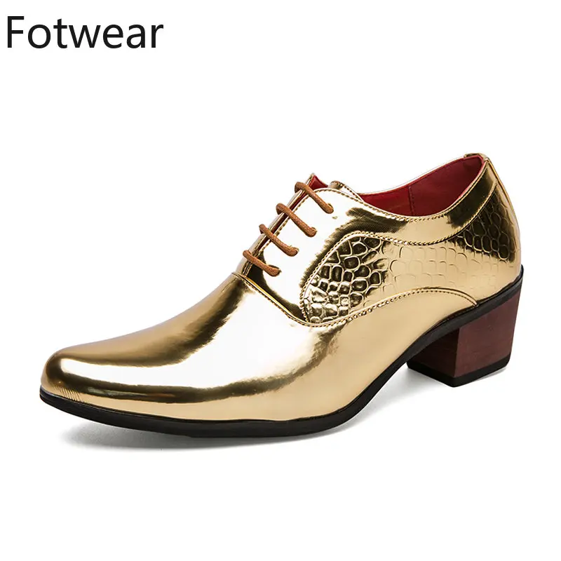 Wedding Men Oxfords Big Size Fashion Dress Shoes Lace Up Leather Formal Footwear Designer Party Gold Black Adult High Heel Shoes