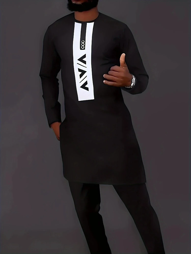 

Men's Casual Long-Sleeved Two-Piece Set: Mid-Length Top and Trousers