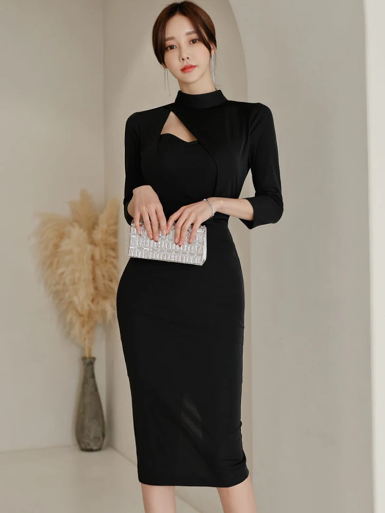 Mode Elegante Midi Jurken voor Vrouwen OL Professionele Chic Sexy Zwart Uitgesneden Slit Bodycon Robe Femme Party Office Lady Vestido