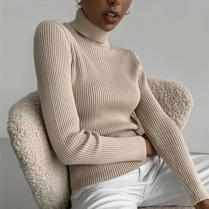 Basic Mock Neck Ribbed Sweaters for Women Cute Sexy Knitted Autumn Winter Warm Fitted Fashion Pullover Sweater