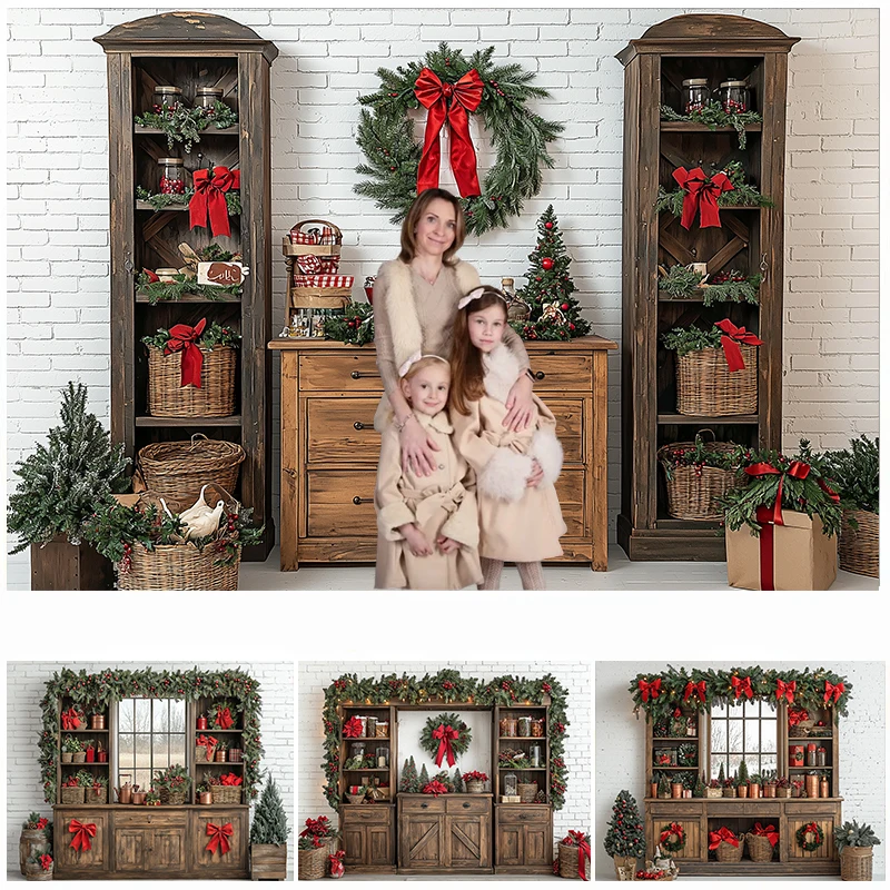 

LS Photography Background Christmas Kitchen Window Cabinet Wreath Decor Family Portrait Xmas Holiday Photo Backdrop Studio