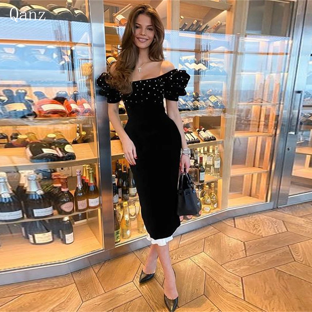 Qanz Vintage Velour Prom Dress Short Sleeves Mermaid Tea Length Evening Dresses For Women 2023 Party Dress Women Customized