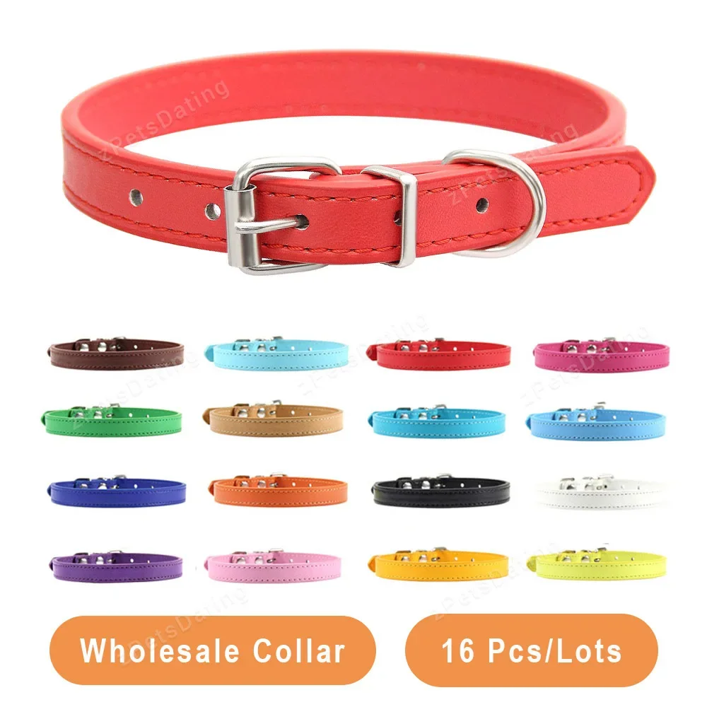 Wholesale 16 PCS Pet Collar Solid PU Leather Puppy Collars for Small Medium  Large Dogs Cat Neck Starp Pet Supplies Accessories