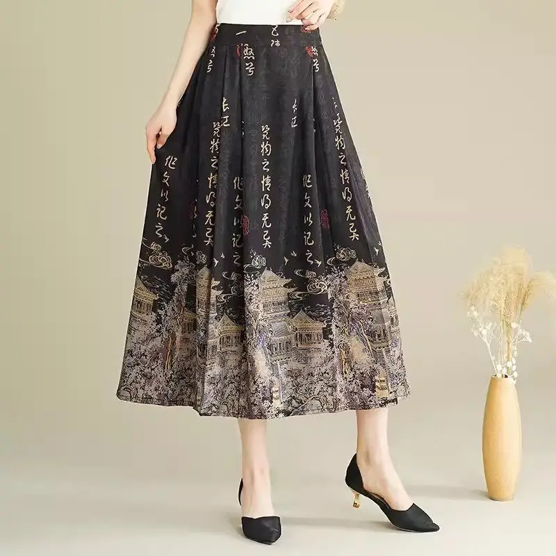 Oryginalna spódnica damska w stylu chińskim 2024 Summer New Retro High Waist Printed Pleated Horse Face Skirt Mujer Faldas K1329