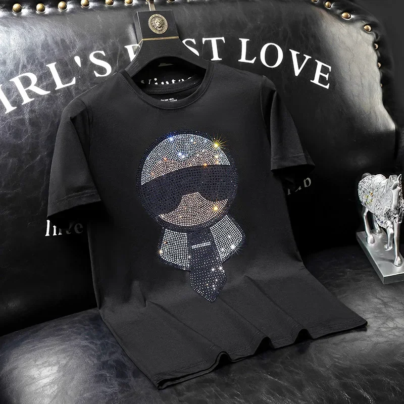 

2025 футболки со стразами, мужская летняя одежда, модная уличная одежда, тонкие крутые эластичные хлопковые футболки с круглым вырезом и короткими рукавами