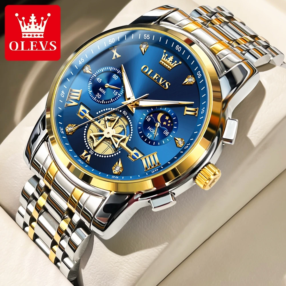 OLEVS-Montres à Quartz pour Homme, Design de Volant d'inertie, Chronographe Classique, Montre-bracelet à la Mode, Phase de Lune, Étanche, Modules, Nouveau