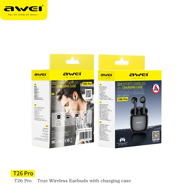 Awei T26 Pro TWS Earphone Nirkabel Bluetooth 5.3 Headphone Tahan Air Stereo Headset Olahraga Earbud Noise Reduction dengan Mikrofon