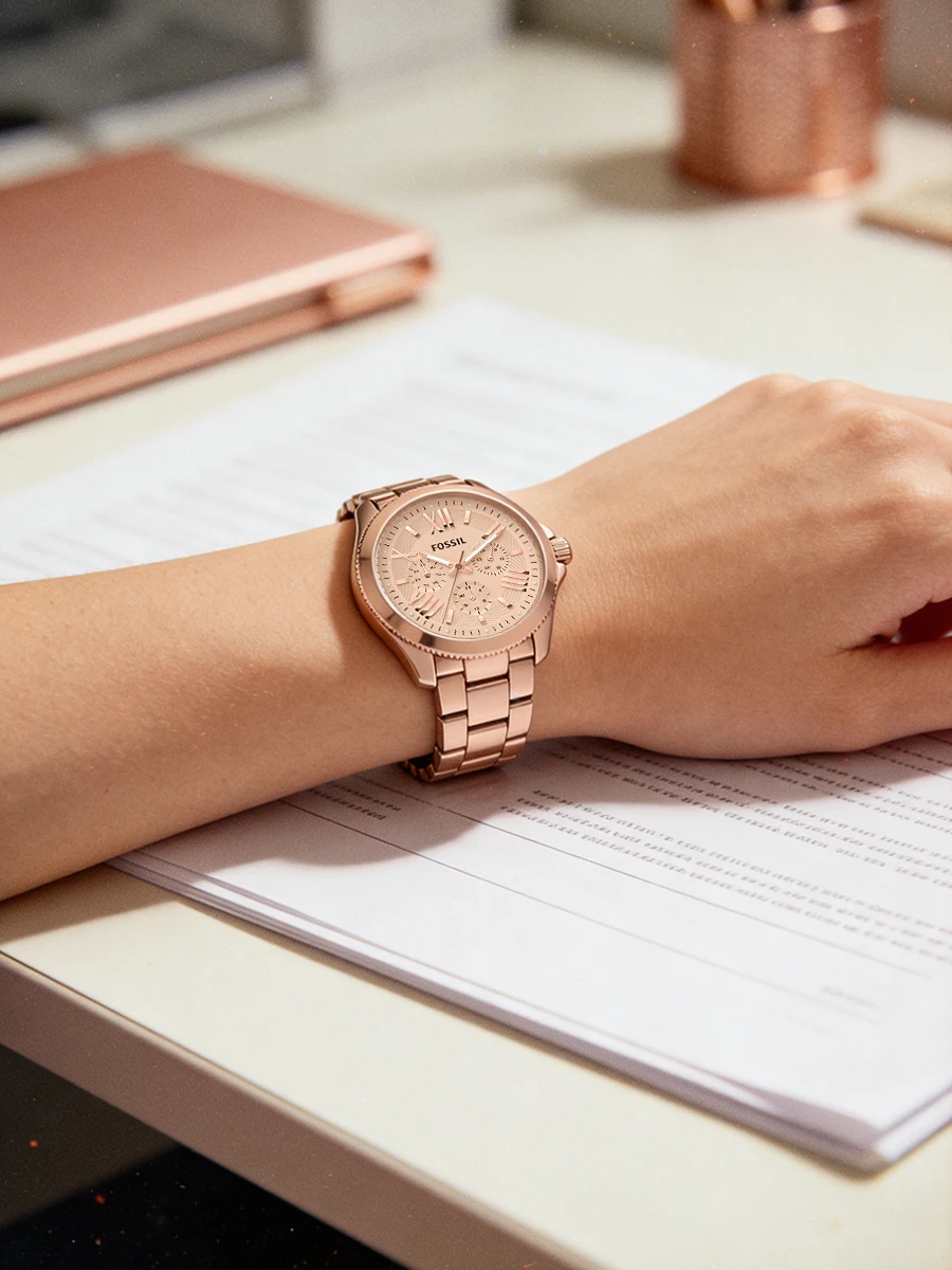 FOSSIL AM4511 Women Multi function Quartz Watch Rose Gold Stainless Steel Pink Roman Dial Week Date Ladies Dress Wristwatch Gift