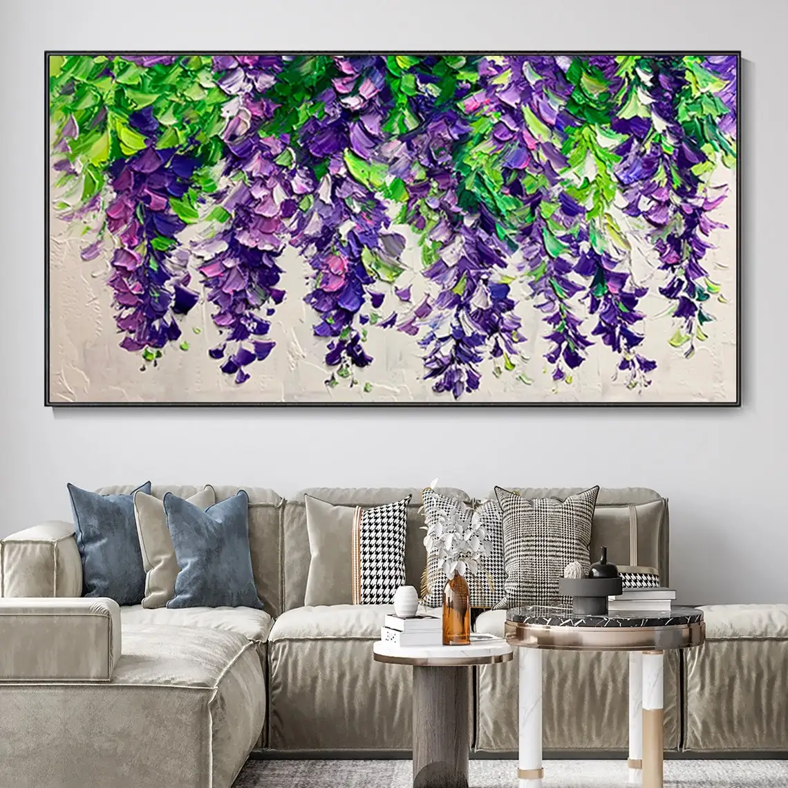 Large Purple Blooming Flowers Hand Painted Abstract Landscape Textured Oil Paintings Custom Home Canvas Wall Art For Living Room