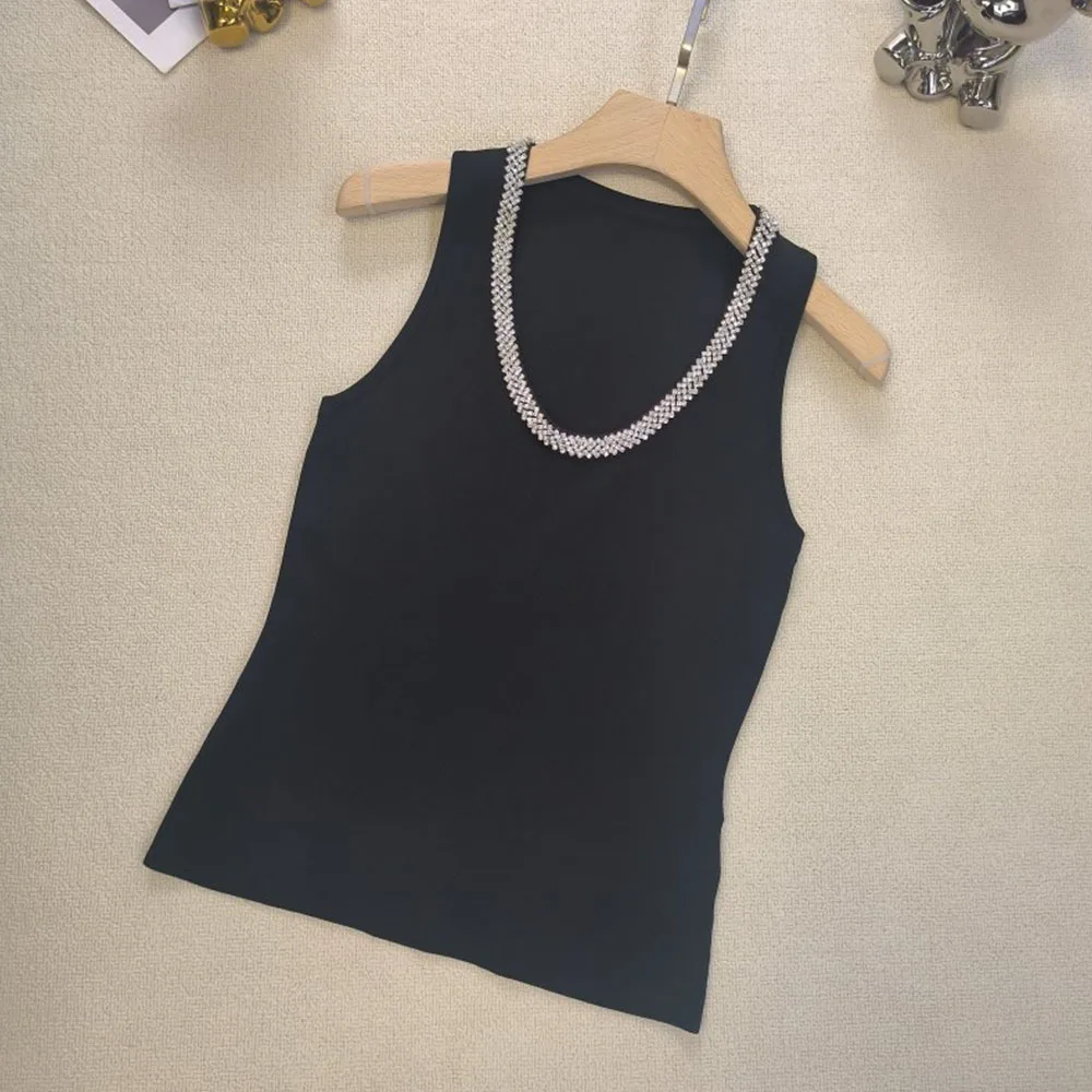 2024 Spring Summer Lady Fine Workmanship Rhinestone Beading V-neckline Sleeveless T-shirts Women Pullover Solid Knits  Tank Top