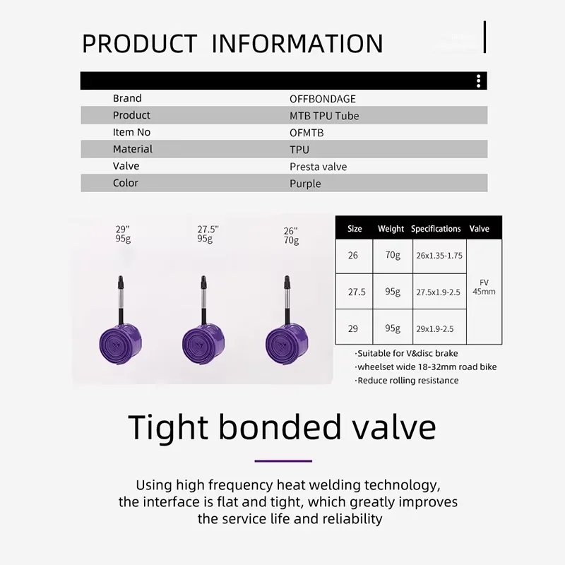 OFFBONDAGE Ultralekka dętka rowerowa 70/95g 26 27,5 29 Rower szosowy MTB Opona TPU Długość 45 mm Francuski zawór Super lekki